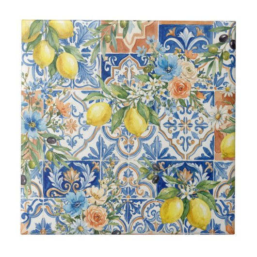 Lisbon Blue Lemon Tile Citrus Kitchen Decor タイル (正面)