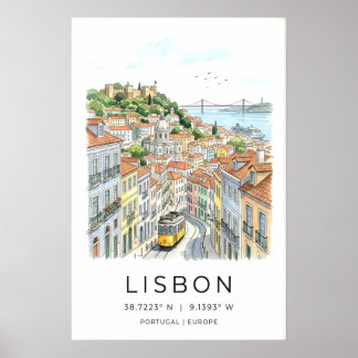 Lisbon City Art Print Yellow Tram, Tiled Streets ポスター