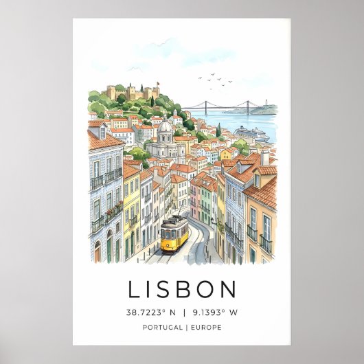 Lisbon City Art Print Yellow Tram, Tiled Streets ポスター (正面)