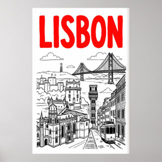 Lisbon Cityscape Art Print - Minimalist Black and ポスター