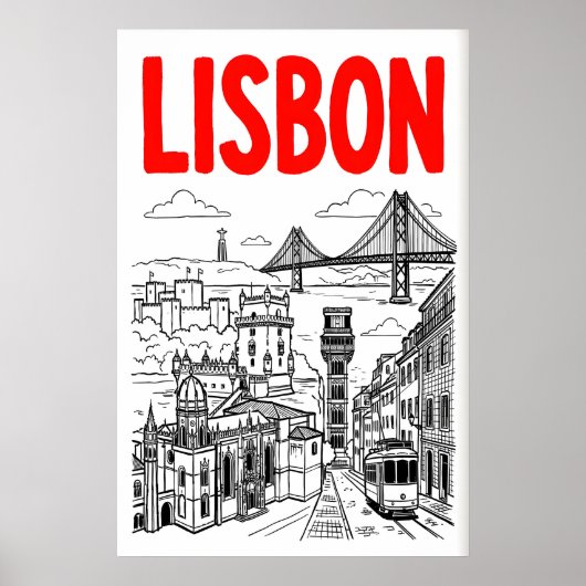 Lisbon Cityscape Art Print - Minimalist Black and ポスター (正面)