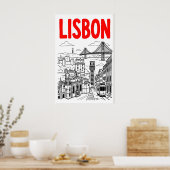 Lisbon Cityscape Art Print - Minimalist Black and ポスター (キッチン)