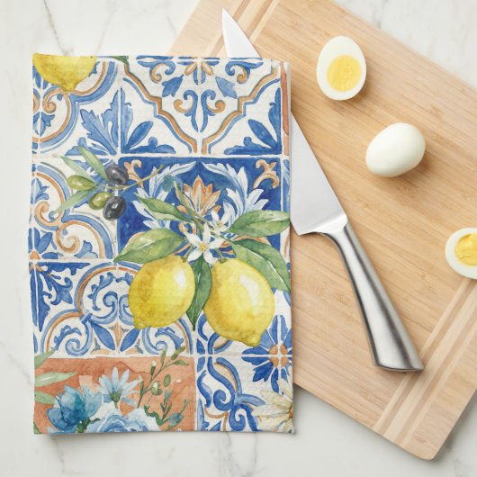 Lisbon Elegant Mediterranean Lemon Tile Pattern キッチンタオル (四つ折り)