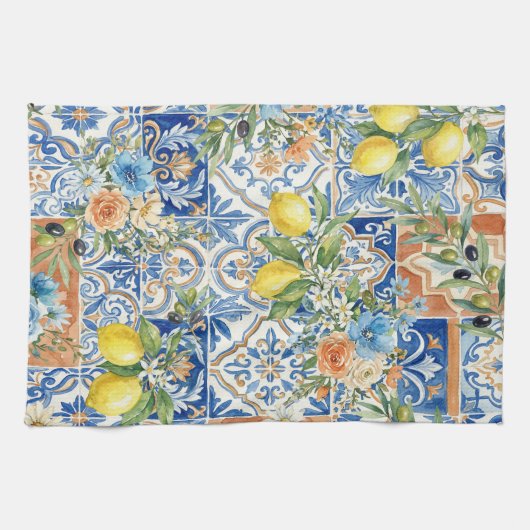 Lisbon Elegant Mediterranean Lemon Tile Pattern キッチンタオル (横)