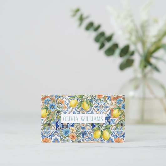 Lisbon Elegant Mediterranean Lemon Tile Pattern 名刺 (スタンド正面)