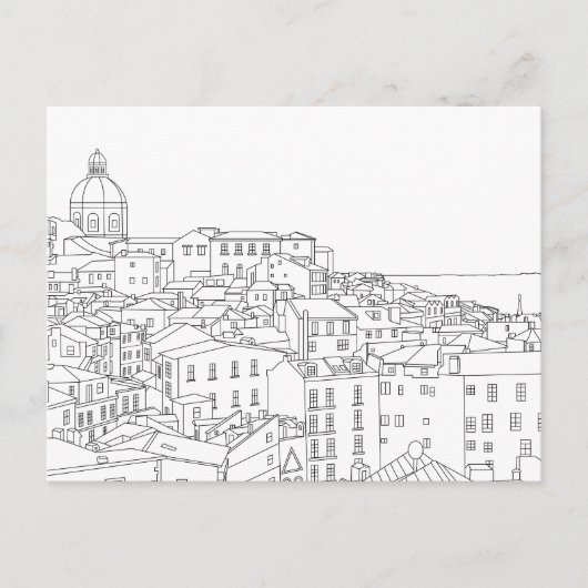 Lisbon Portugalの白黒ラインアートポストカード ポストカード (正面)