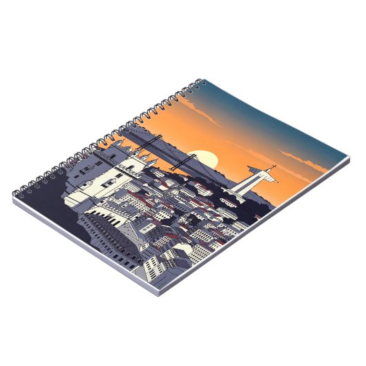 Lisbon Sunset Illustration Notebook – Retro Portug ノートブック (左側)