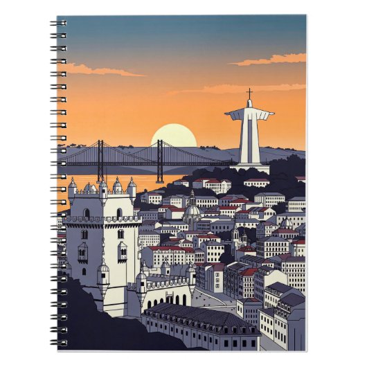 Lisbon Sunset Illustration Notebook – Retro Portug ノートブック (正面)