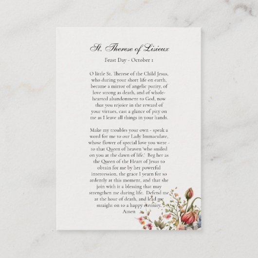 LiseuxカトリックのカードのSt.Thereseへの祈りの言葉 プレイスカード (裏面)