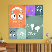 Listening Through Time – Headphones Evolution キャンバスプリント (インサイチュ (リビング))