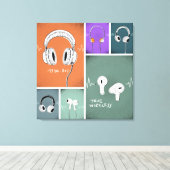 Listening Through Time – Headphones Evolution キャンバスプリント (インサイチュ (ウッドフロア))