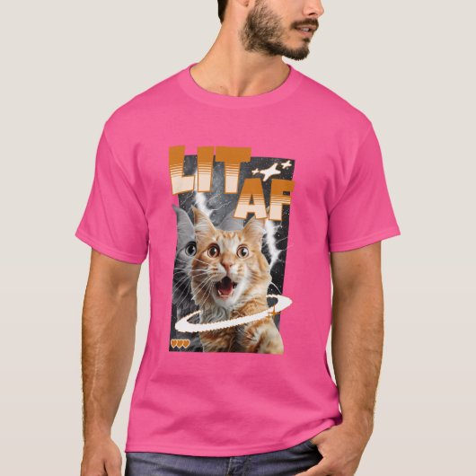Lit Afキャットおもしろいミーム顔Y2K銀河系美学 Tシャツ (正面)