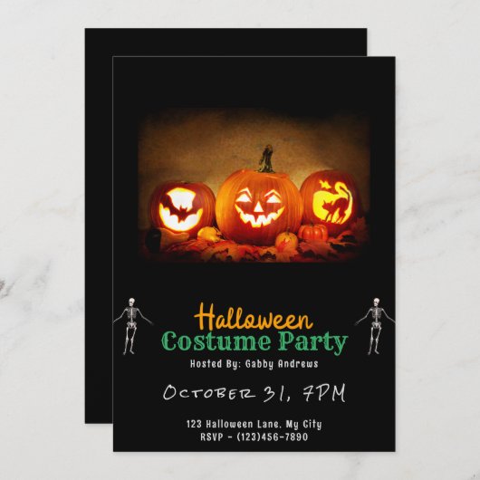 Lit Up Jack-O' Lanterns Black Halloween 招待状 (正面/裏面)