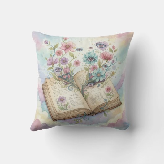 Literary Bloom: Open Book & Wildflower Psychedelic クッション (裏面)