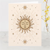 Litha Celestial Sun Face Summer Solstice Art カード (黄色い花)