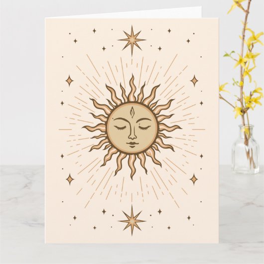 Litha Celestial Sun Face Summer Solstice Art カード (黄色い花)
