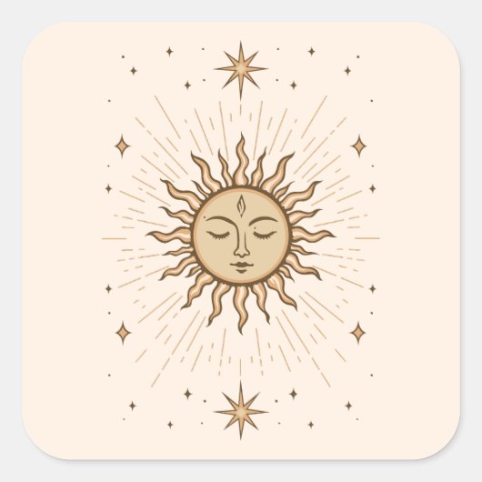 Litha Celestial Sun Face Summer Solstice Art スクエアシール (正面)