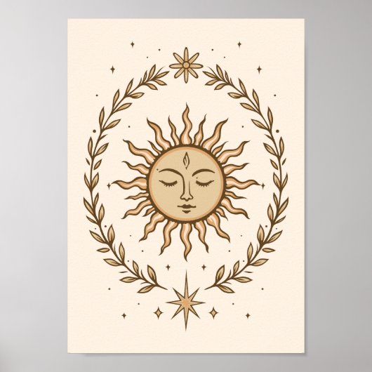 Litha Sun Face Botanical Wreath Celestial Art ポスター (正面)