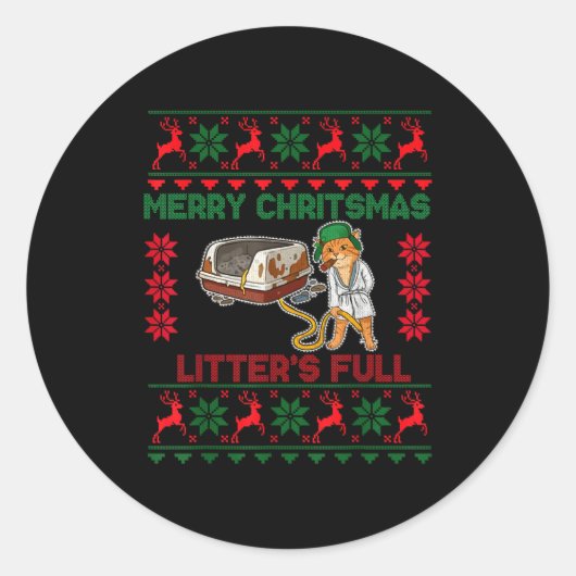 Litter's Full Merry Christmas Funny Cat Lover Ugly ラウンドシール (正面)