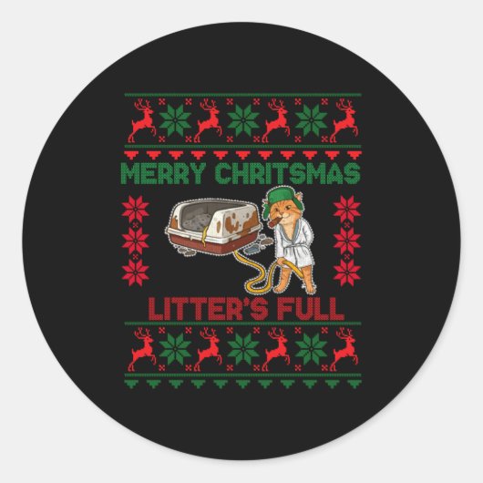 Litter's Full Merry Christmas Funny Cat Lover Ugly ラウンドシール (正面)