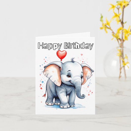 Little Baby Elephant Happy Birthday カード (黄色い花)