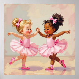 Little Ballerinas Dancing Cute Illustration ポスター