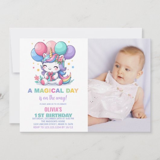 Little Balloons Unicorn誕生日招待状写真 招待状 (正面)