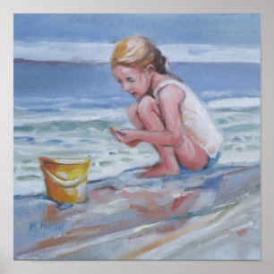 Little beachcomber girl with yellow bucket ポスター
