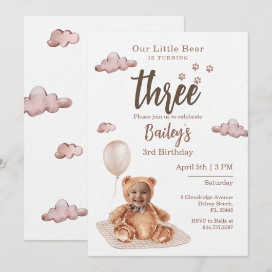 Little Bear Any Age Birthday Photo Invitation 招待状 (正面/裏面)