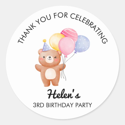 Little Bear Balloon Birthday Party Sticker ラウンドシール (正面)