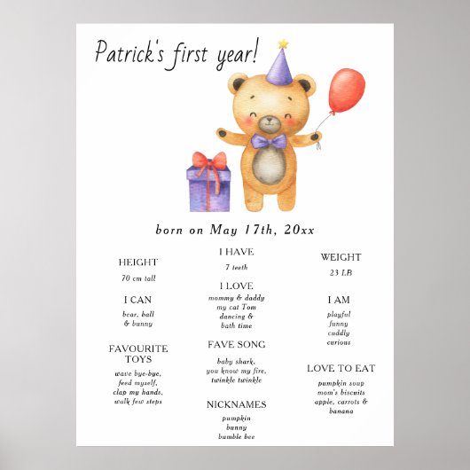 Little Bear First Birthday Milestone Birthday ポスター (正面)