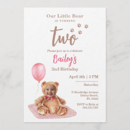 Little Bear Pink Any Age Birthday Photo Invitation 招待状