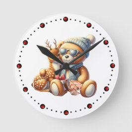 Little bear with fawn in arms winter Christmas ラウンド壁時計