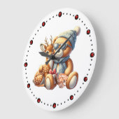 Little bear with fawn in arms winter Christmas ラージ壁時計 (傾斜)