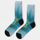 Little Beauty Modern Blue Gold Fractal Art Flower ソックス (左)