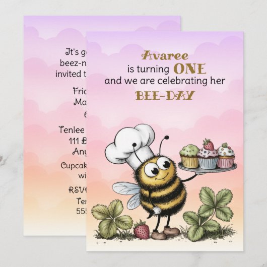 Little Bee Baby Girl First Birthday 招待状 (正面/裏面)