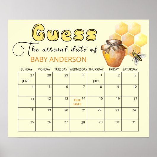 Little Bee Baby Shower Guess Due Date Calendar Pos ポスター (正面)