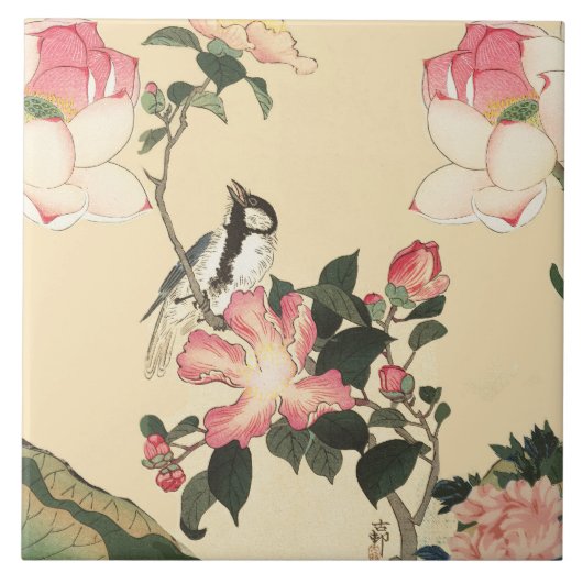 LITTLE BIRD WITH PINK ROSES AND LOTUS FLOWERS タイル (正面)