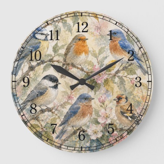 Little Birds Wall Clock — Charming Nature Design ラージ壁時計 (正面)