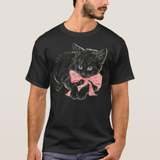 Little Black Kitten Pink Bow Coquette Baby Y2K Ae Tシャツ (正面)