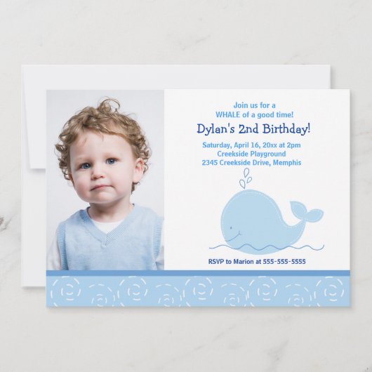 Little Blue Whale *写真*誕生日5 x 7 招待状 (正面)
