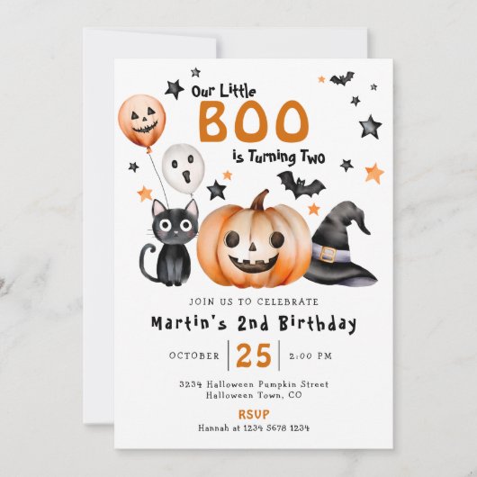LITTLE BOOかわいいハロウィーンをテーマにした第2誕生日 招待状 (正面)