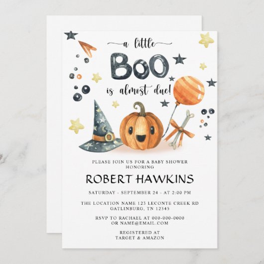 Little Booハロウィーンカボチャ赤ちゃんシャワーの招待 招待状 (正面/裏面)