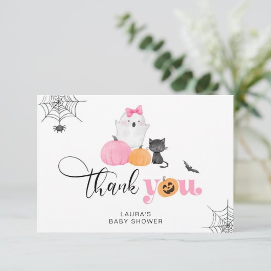 Little Booピンクの不気味な赤ちゃんシャワーサンキューカード カード (スタンド正面)