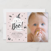Little Boo幽霊ハロウィンピンク1stバースデーフォト 招待状 (正面)