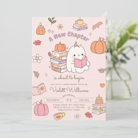 Little Boo新しいチャプターピンクの秋赤ちゃんシャワー 招待状 (スタンド正面)