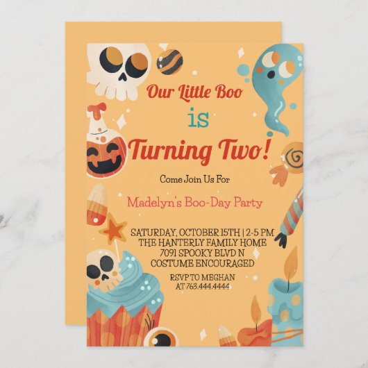 Little Boo 2人の女の子または男の子ハロウィーン2nd誕生日 招待状 (正面/裏面)