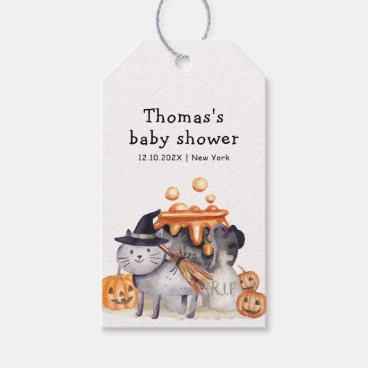 Little Boo Cat In Witch Hat Brewing Baby Shower  ギフトタグ (正面)