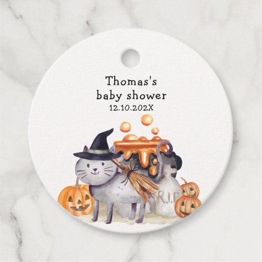 Little Boo Cat In Witch Hat Brewing Baby Shower  フェイバータグ (正面)