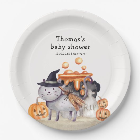 Little Boo Cat In Witch Hat Brewing Baby Shower  ペーパープレート (正面)